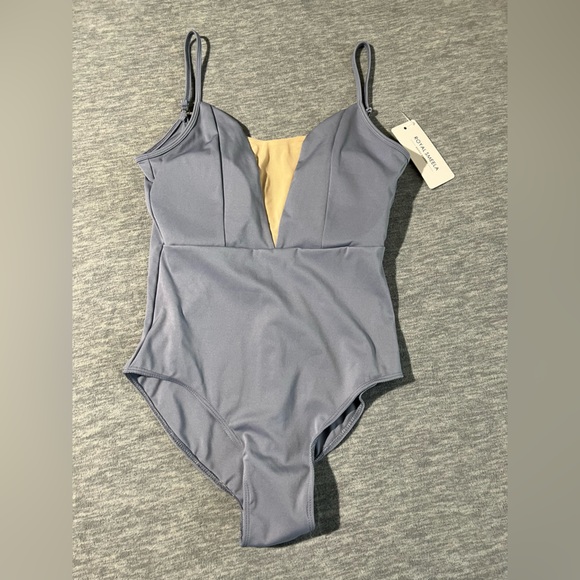 Royal Smeela 1 piece swimsuit swimwear women’s L colorblock deep v back blue new - Picture 1 of 10
